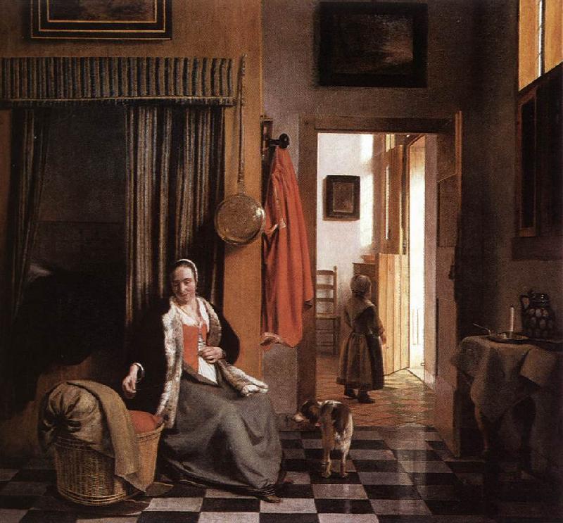 HOOCH, Pieter de Mother Lacing Her Bodice beside a Cradle s France oil painting art